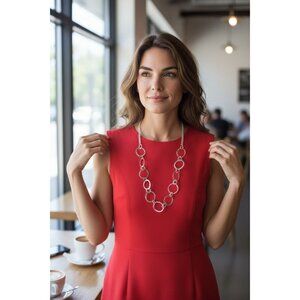 Daisy Fuentes Silver-Tone Hammered Circle Necklace – 28" Statement Chain with Te